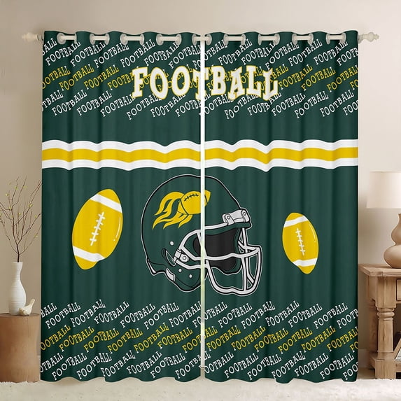 Homewish Modern Football Rugby Player Blackout Curtains Set of 2 (52x84 Each), Olive Yellow Stripe Line Window Curtains, Cartoon Sports Theme Curtains and Drapes, Living Room Curtains Decor