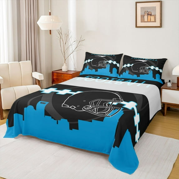 Homewish Modern Football Rugby Player Queen Sheet Sets, Black Blue Stripe Line Flat Sheet, Cartoon Sports Theme Queen Fitted Sheet, Luxury Bedroom Decor, 4 Pieces