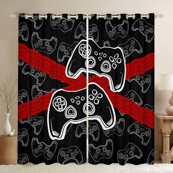 Homewish Modern Game Player Black Out Curtains for Kids, Black Red Game Console Curtains Pack of 2 (42x63 Each), Cartoon Gamepad Bedroom Curtains, Window Curtains Decor