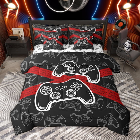 Homewish Modern Game Player Twin Bedding Sets 7-Piece for Kids, Black Red Game Console Bedding Comforter Set, Cartoon Gamepad Reversible Sheet Sets, Ultra Soft Bedroom Decor