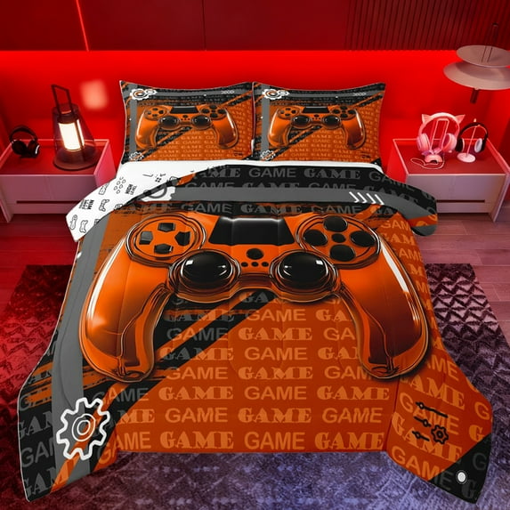 Homewish Modern Gamepad Bedding Comforter Set,Teens Video Game Twin Comforter Sets,Orange Black Bedding Set For Boys Kids,Ultra Soft Home Decor Reversible,2pcs