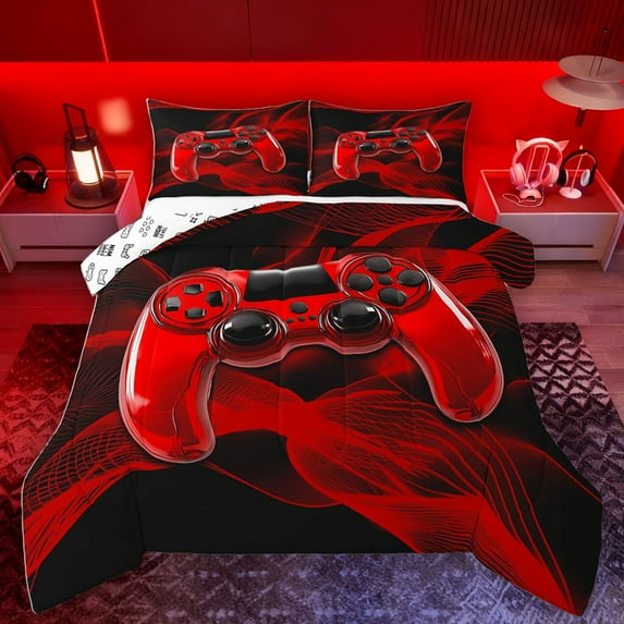 Homewish Modern Gamepad Queen Comforter Set,Teens Video Game Bedding Sets,Black Red Bedding Comforter Set For Boys Kids,Ultra Soft Home Decor Reversible,3pcs