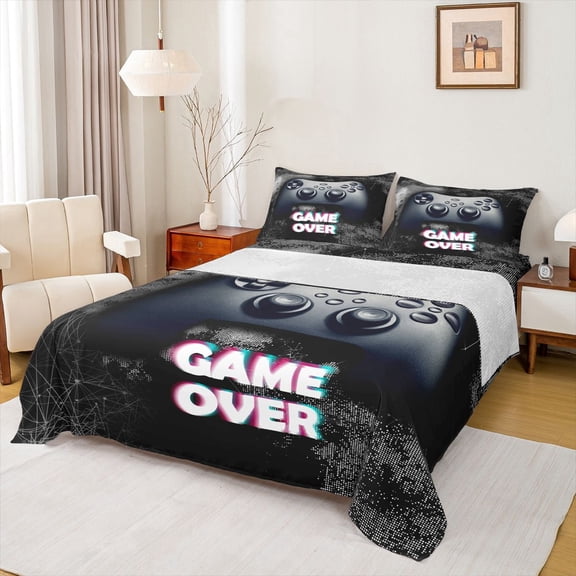 Homewish Modern Gaming Controller Bed Sheets,Game Over Print Full Size Sheets,Black,4 Pieces,1 Flat Sheet, 1 Fitted Sheet and 2 Pillowcases