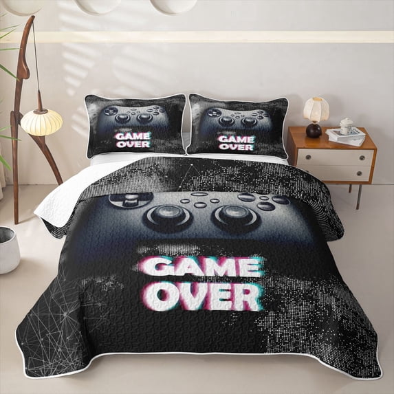 Homewish Modern Gaming Controller Twin Quilt Set,Game Over Print Twin Coverlet Set,Black,2-Piece