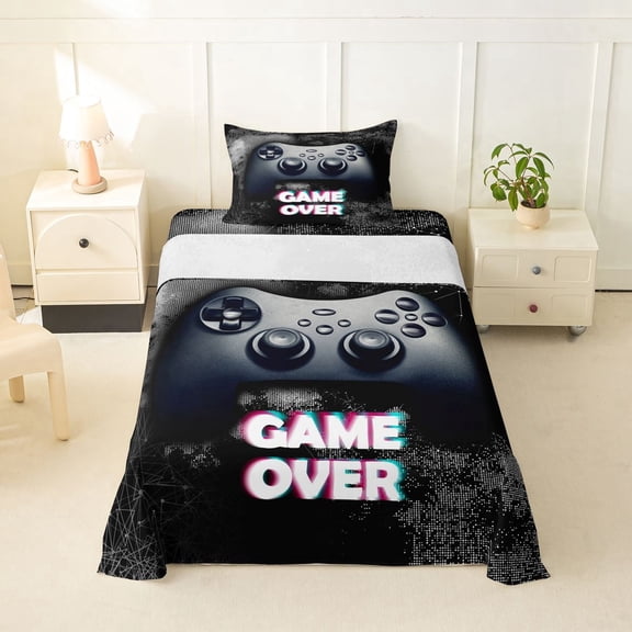Homewish Modern Gaming Controller Twin Sheets,Game Over Print Bedding,Black,3-Piece,1 Fitted Sheet and 1 Pillowcase