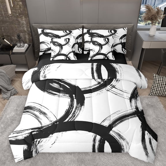 Homewish Modern Geometric 7-Piece Twin Bedding Sets,Graffiti Stripes Circle Bedding Comforter Set,White Black Sheet Sets For Men Women,Microfiber Bedroom Decor Reversible