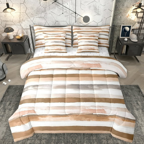 Homewish Modern Geometric 7 Pieces Bedding Comforter Set,Graffiti Striped Full Bedding Set,Brown White Fitted Sheet Flat Sheet For Girls Kids,Luxury Bedroom Decor Reversible