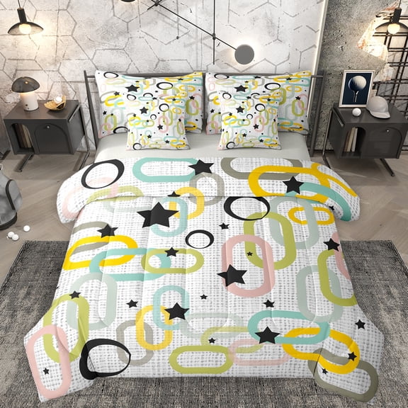 Homewish Modern Geometric 7pcs Bedding Comforter Set,Cute Stars Print Queen Bedding Sets,Yellow Gray Blue Queen Sheet Sets For Girls Kids,Breathable Home Decor Reversible