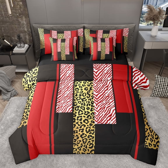 Homewish Modern Geometric 7pcs Bedding Comforter Set,Gold Cheetah Print Queen Bedding Sets,Red Zebra Stripes Queen Sheet Sets For Adults,Microfiber Bedroom Decor Reversible