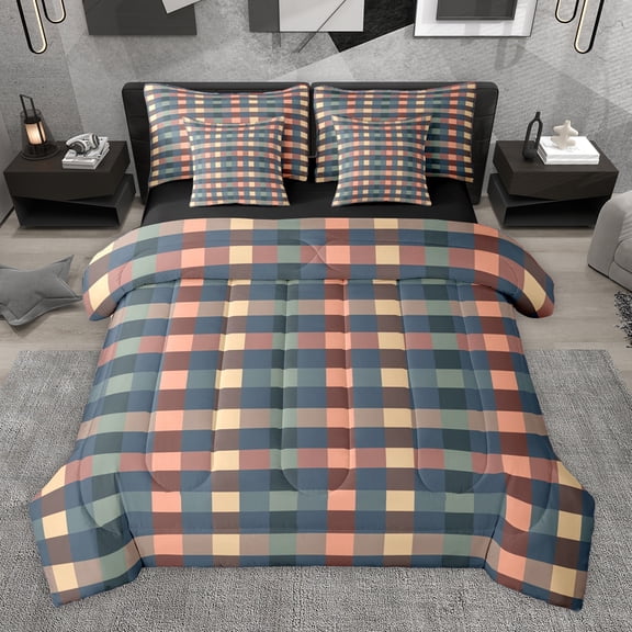 Homewish Modern Geometric Artistic 7pcs Bedding Comforter Set,Minimalist Buffalo Checkered Queen Bedding Sets,Multicolor Grid Queen Sheet Sets For Teens,Luxury Bedroom Decor Reversible