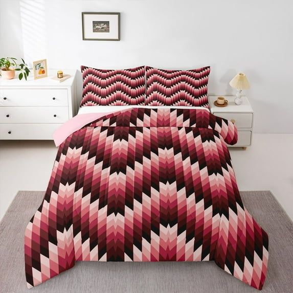 Homewish Modern Geometric Artistic Full Size Comforter Sets,Abstract Checkered Bedding Comforter Set,Pink Black Bedding Sets For Teens,Luxury Bedroom Decor Reversible,3-Piece