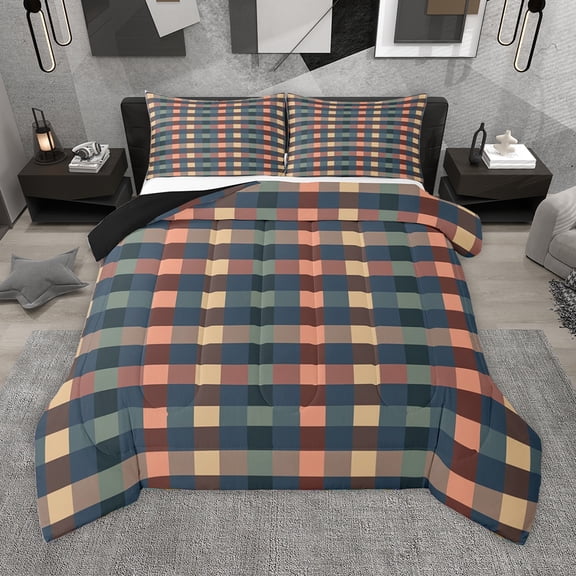 Homewish Modern Geometric Artistic Queen Comforter Set,Minimalist Buffalo Checkered Bedding Sets,Multicolor Grid Bedding Comforter Set For Teens,Luxury Bedroom Decor Reversible,3 Pieces