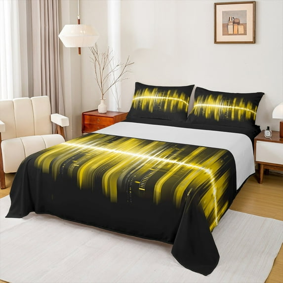Homewish Modern Geometric Artistic Queen Sheet Sets,Stripes Lines Flat Sheet,Black Yellow Queen Fitted Sheet For Girls Kids,Microfiber Bedroom Decor,4-Piece