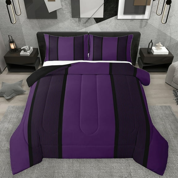 Homewish Modern Geometric Bedding Comforter Set,Abstract Striped Lines Twin Comforter Sets,Purple Black Bedding Set For Adults,Microfiber Bedroom Decor Reversible,2 Pieces