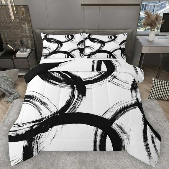 Homewish Modern Geometric Bedding Comforter Set,Graffiti Stripes Circle Twin Comforter Sets,White Black Bedding Set For Men Women,Microfiber Bedroom Decor Reversible,2 Pieces
