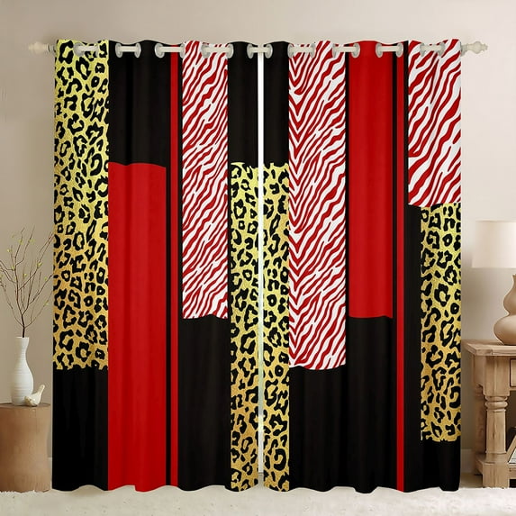 Homewish Modern Geometric Black Out Curtains,Gold Cheetah Print Curtains Pack of 2 (42x63 Each),Red Zebra Stripes Bedroom Curtains For Adults,Microfiber Bedroom Decor