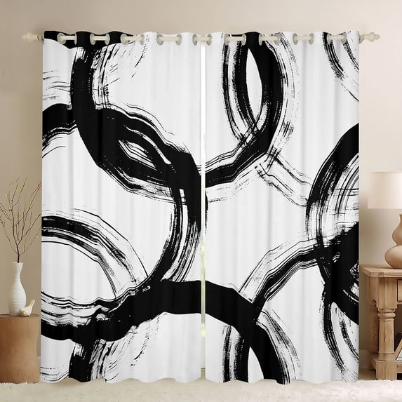 Homewish Modern Geometric Black Out Curtains,Graffiti Stripes Circle Curtains Pack of 2 (42x63 Each),White Black Bedroom Curtains For Men Women,Microfiber Bedroom Decor