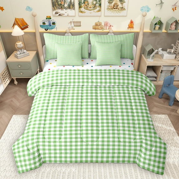 Homewish Modern Geometric Checkered 7-Piece Bedding Comforter Set,Vintage Aesthetic King Bedding Sets,Green White Bed Sheets For Girls Boys,Microfiber Bedroom Decor Reversible
