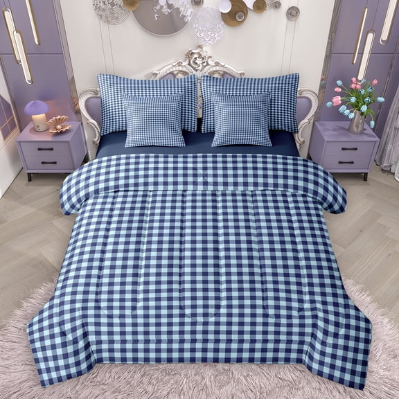 Homewish Modern Geometric Checkered 7-Piece Twin Bedding Sets,Vintage Aesthetic Bedding Comforter Set,Deepblue Plaid Sheet Sets For Girls Boys,Microfiber Bedroom Decor Reversible
