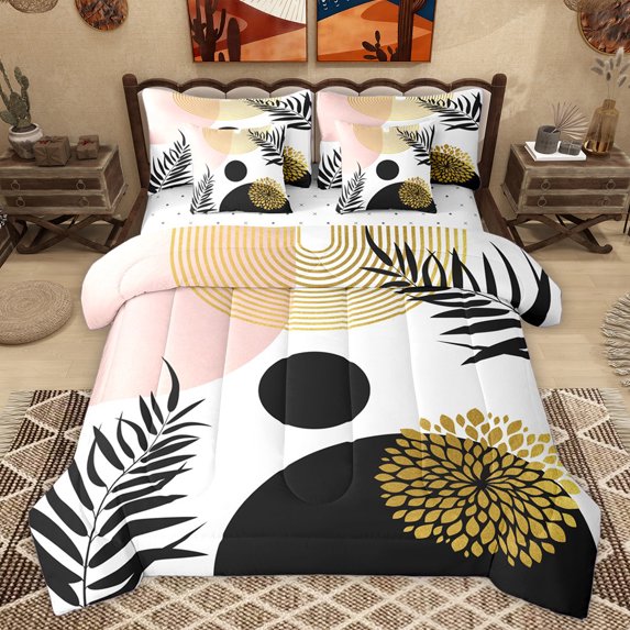 Homewish Modern Geometric Circle 7-Piece Twin Bedding Sets,Boho Dahlia Bedding Comforter Set,Plam Leaves Sheet Sets For Men Women,Microfiber Bedroom Decor Reversible