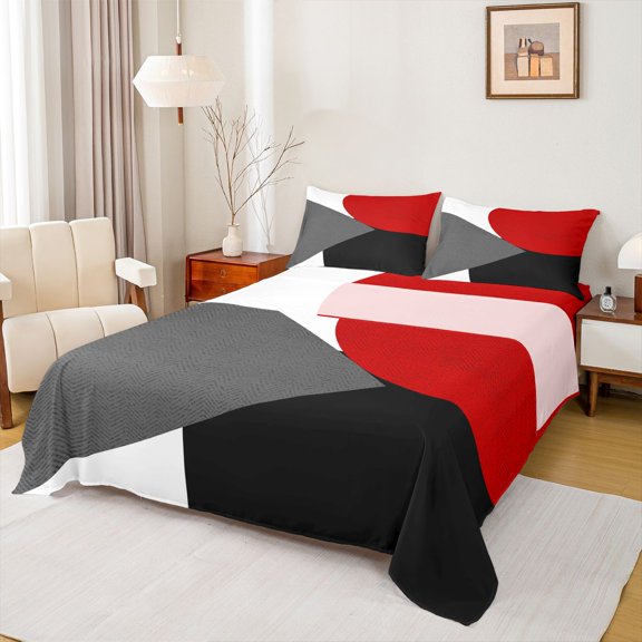 Homewish Modern Geometric Circle Bed Sheets.Abstract Circular King Sheets,Red Gray Black Sheet Set For Boys Kids,Microfiber Bedroom Decor,4 Pieces