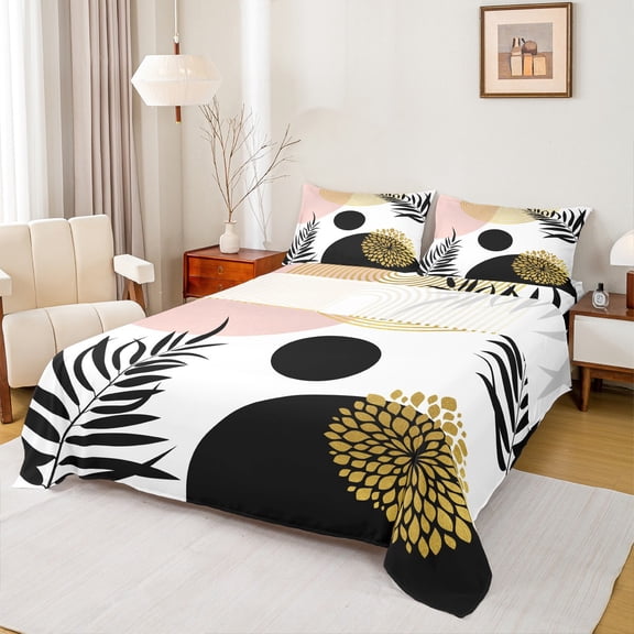 Homewish Modern Geometric Circle Bed Sheets,Boho Dahlia King Sheets,Plam Leaves Sheet Set For Men Women,Microfiber Bedroom Decor,4pcs