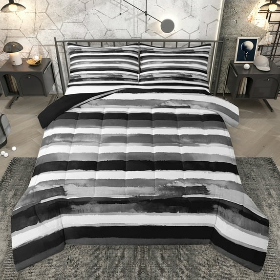 Homewish Modern Geometric Full Size Comforter Sets,Graffiti Striped Bedding Comforter Set,White Black Gray Bedding Sets For Girls Kids,Luxury Bedroom Decor Reversible,3 Pieces