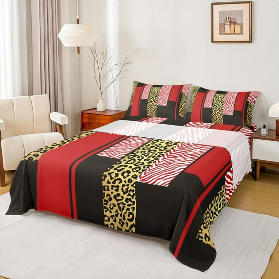 Homewish Modern Geometric Full Size Sheets,Gold Cheetah Print Bed Sheets,Red Zebra Stripes Sheet Sets For Adults,Microfiber Bedroom Decor,4-Piece