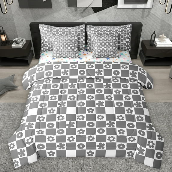 Homewish Modern Geometric Plaid 7pcs Bedding Comforter Set,Kawaii Cartoon Blossom Queen Bedding Sets,Gray White Checkered Queen Sheet Sets For Girls Boys,Luxury Bedroom Decor Reversible