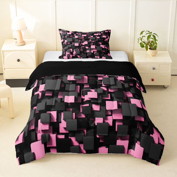 Homewish Modern Geometric Plaid Twin Comforter Sets,Light Pink Bedding Set,Black Reversible,2 Pieces,1 Comforter and 1 Pillowcase