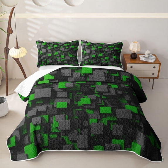 Homewish Modern Geometric Quilt Full,Black Green Checkered Full Bedspread Sets,3pcs