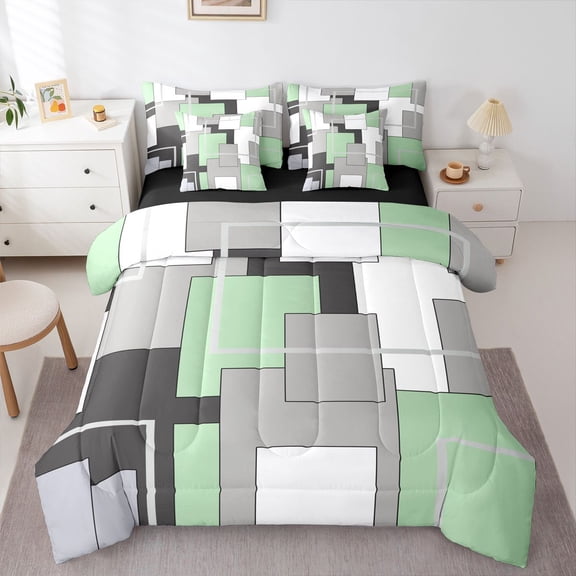 Homewish Modern Geometric Square 7-Piece Twin Bedding,Abstract Artwork Bedding Comforter Set,Mint Green,Black Reversible