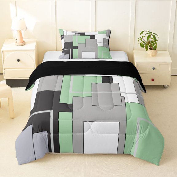 Homewish Modern Geometric Square Twin Comforter Sets,Abstract Artwork Bedding Set,Mint Green,Black Reversible,2-Piece,1 Comforter and 1 Pillowcase