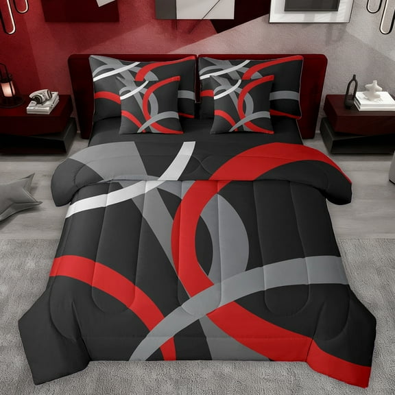 Homewish Modern Geometric Stripe 7-Piece Twin Bedding Sets.Abstract Waves Lines Bedding Comforter Set,Black Red Gray Sheet Sets For Boys Kids,Microfiber Bedroom Decor Reversible