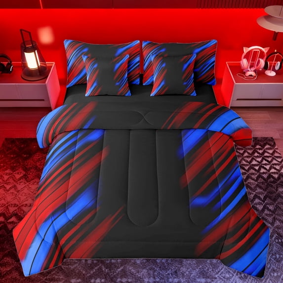 Homewish Modern Geometric Stripe 7-Piece Twin Bedding Sets.Abstract Waves Lines Bedding Comforter Set,Red Blue Black Sheet Sets For Boys Kids,Microfiber Bedroom Decor Reversible