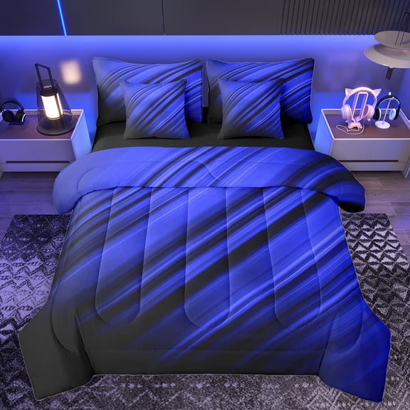 Homewish Modern Geometric Stripe 7 Pieces Bedding Comforter Set.Abstract Waves Lines Full Bedding Set,Deepblue Black Fitted Sheet Flat Sheet For Boys Kids,Microfiber Bedroom Decor Reversible