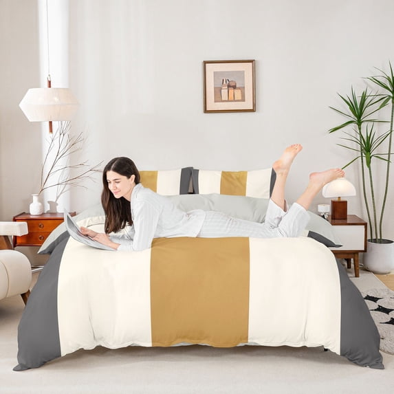 Homewish Modern Geometric Stripe Bedding,Gray Gold White Duvet Cover Full,Light Gray Reversible,3-Piece,1 Duvet Cover and 2 Pillowcases