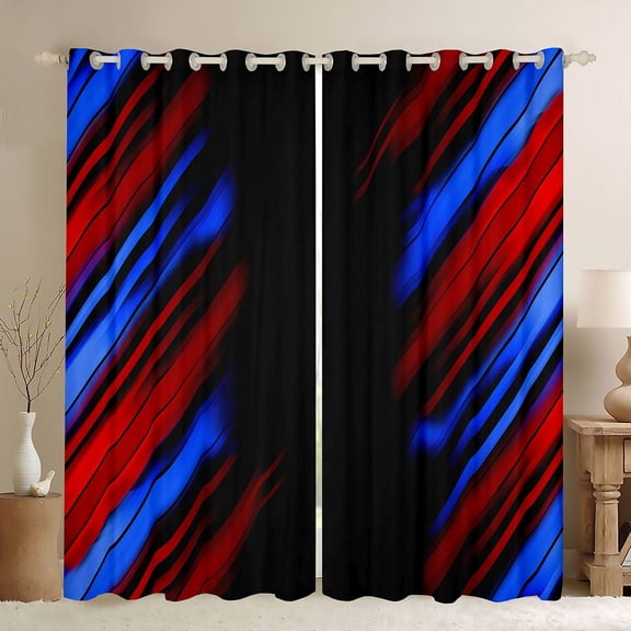 Homewish Modern Geometric Stripe Curtains Pack of 2 (42x84 Each).Abstract Waves Lines Curtains Blackout,Red Blue Black Bedroom Curtains For Boys Kids,Microfiber Bedroom Decor
