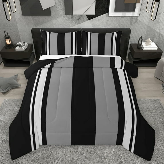 Homewish Modern Geometric Stripe Full Size Comforter Sets.Abstract Waves Lines Bedding Comforter Set,Gray Black Bedding Sets For Boys Kids,Microfiber Bedroom Decor Reversible,3-Piece