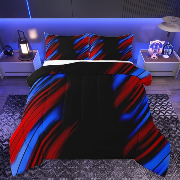 Homewish Modern Geometric Stripe Queen Comforter Set.Abstract Waves Lines Bedding Sets,Red Blue Black Bedding Comforter Set For Boys Kids,Microfiber Bedroom Decor Reversible,3pcs