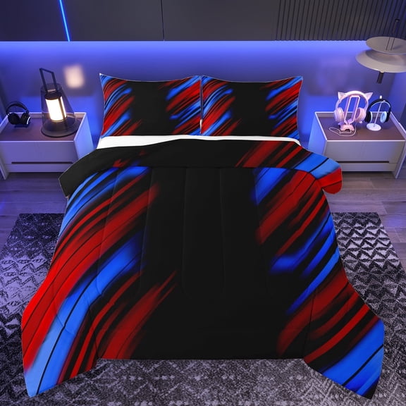 Homewish Modern Geometric Stripe Queen Comforter Set.Abstract Waves Lines Bedding Sets,Red Blue Black Bedding Comforter Set For Boys Kids,Microfiber Bedroom Decor Reversible,3pcs