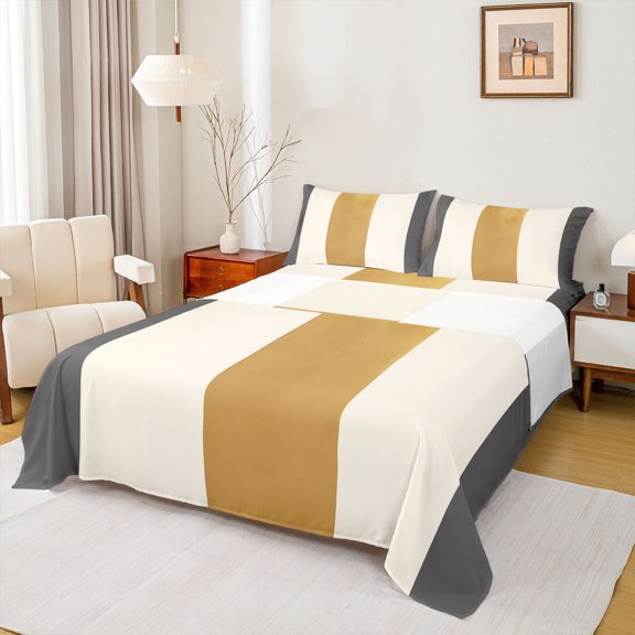 Homewish Modern Geometric Stripe Queen Sheets,Gray Gold White Queen Sheet Sets,4 Pieces,1 Flat Sheet, 1 Fitted Sheet and 2 Pillowcases