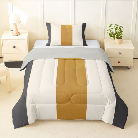 Homewish Modern Geometric Stripe Twin Comforter Sets,Gray Gold White Bedding Set,Light Gray Reversible,2pcs,1 Comforter and 1 Pillowcase