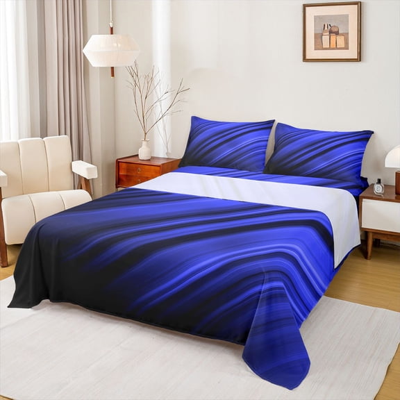 Homewish Modern Geometric Stripe Twin Sheet Sets.Abstract Waves Lines Twin Fitted Sheet,Deepblue Black Flat Sheet For Boys Kids,Microfiber Bedroom Decor,3-Piece