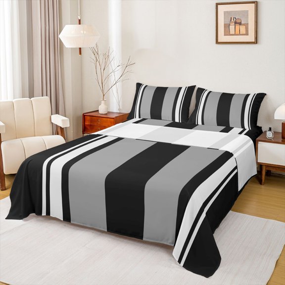 Homewish Modern Geometric Stripe Twin Sheet Sets.Abstract Waves Lines Twin Fitted Sheet,Gray Black Flat Sheet For Boys Kids,Microfiber Bedroom Decor,3pcs