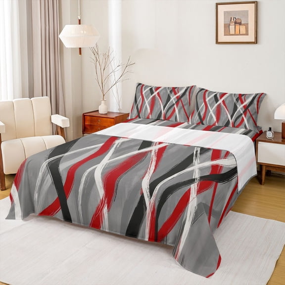 Homewish Modern Geometric Stripe Twin Sheet Sets.Abstract Waves Lines Twin Fitted Sheet,Red Gray White Flat Sheet For Boys Kids,Microfiber Bedroom Decor,3 Pieces