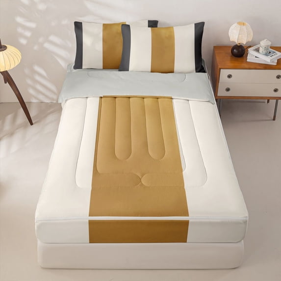 Homewish Modern Geometric Stripe Zipper Full Size Comforter Sets with Fitted Sheet and 2 Pillowcases,Gray Gold White Zipper Bedding Set,Light Gray Reversible,4pcs