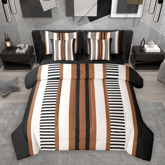 Homewish Modern Geometric Striped 7-Piece Bedding Comforter Set,Retro Minimalist Lines King Bedding Sets,Brown Beige Black Bed Sheets For Boys Kids,Ultra Soft Home Decor Reversible