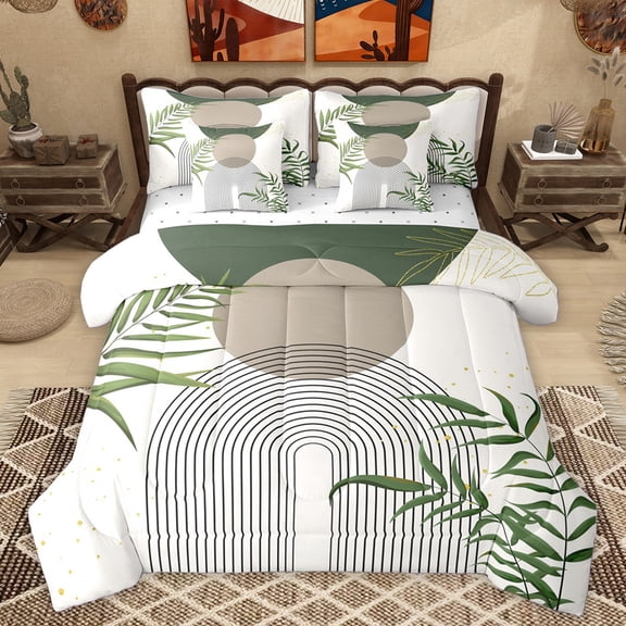 Homewish Modern Geometric Striped 7-Piece Bedding Comforter Set,Tropical Botanical Plam King Bedding Sets,Green White Brown Bed Sheets For Men Women,Luxury Bedroom Decor Reversible