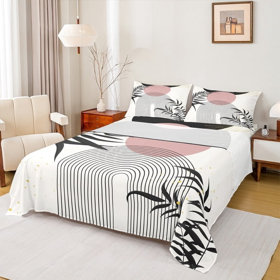 Homewish Modern Geometric Striped Bed Sheets,Tropical Botanical Plam King Sheets,Pink White Black Sheet Set For Men Women,Luxury Bedroom Decor,4 Pieces